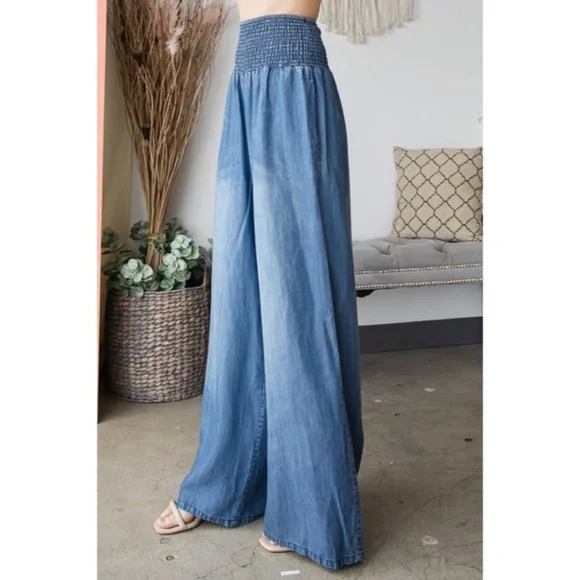 SOLD OUT Denim Blue Washed Wide Palazzo Leg Tencel Casual Smocked High Waist - Picture 4 of 5